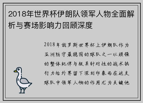 2018年世界杯伊朗队领军人物全面解析与赛场影响力回顾深度
